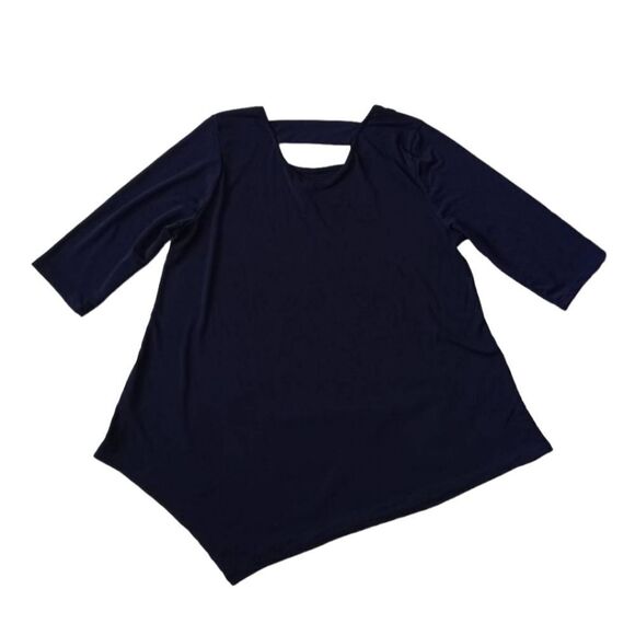 NY Collection Navy Blue Half Sleeve Asymmetrical Stretchy Blouse Women's Large - Picture 2 of 12